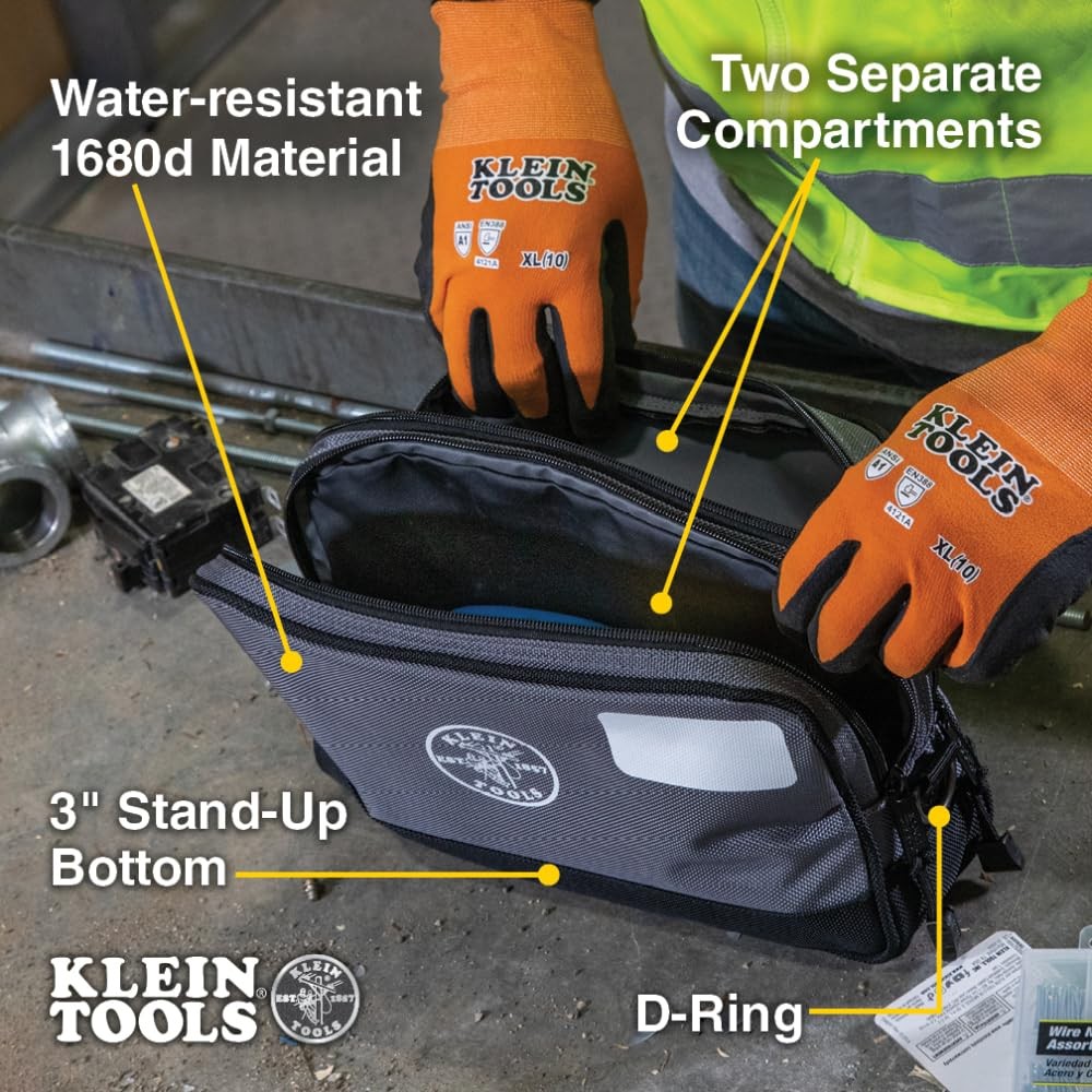 Klein Tools Tool Pouch, Dual Compartments, Heavy-Duty 12″ x 7″ | 1-Pack, Gray