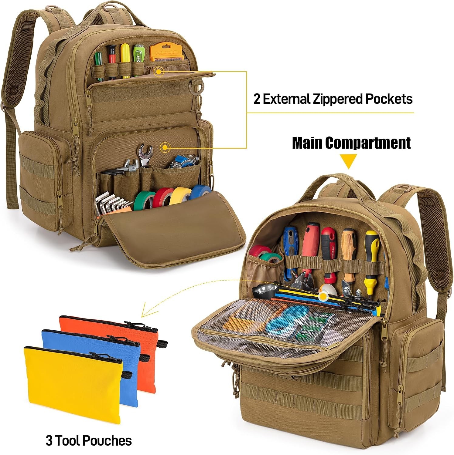 Khaki Heavy-Duty Tool Backpack with 3 Pouches for Electrician Repairmen