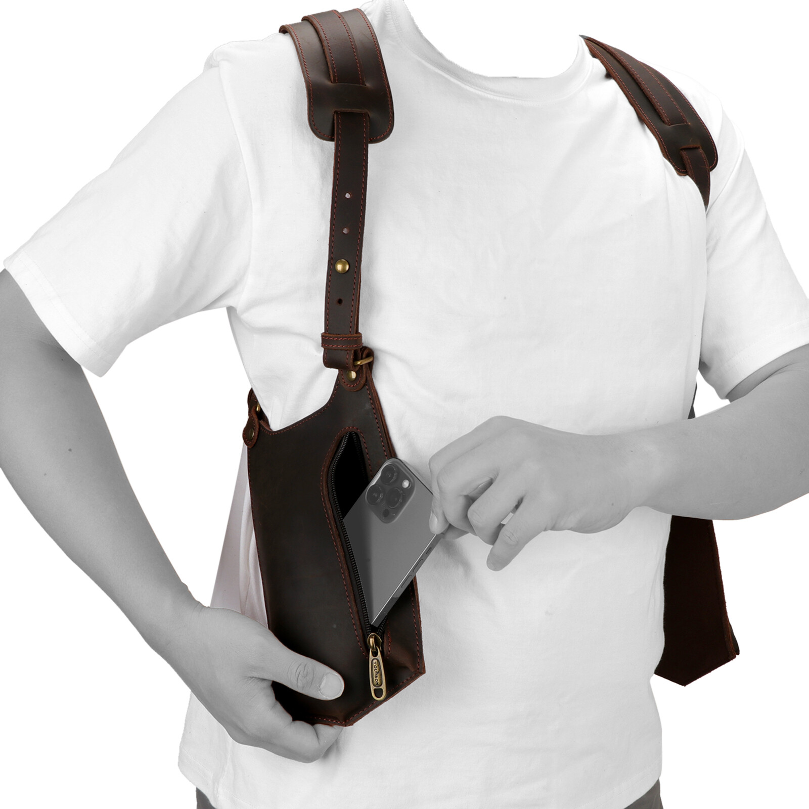 TOURBON Leather Concealed Double Underarm Shoulder Holster Bag Phone Case Wallet