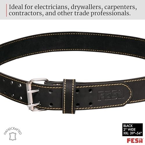 Leather Tool Belt 2 Inch Wide Top Grain Heavy Duty Double Prong Buckle