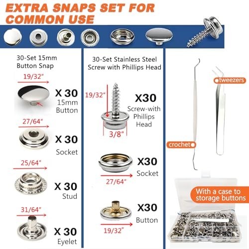Heavy Duty Canvas Snap Kit for Marine Boat Covers & Carpets, 15mm Snap Repair To