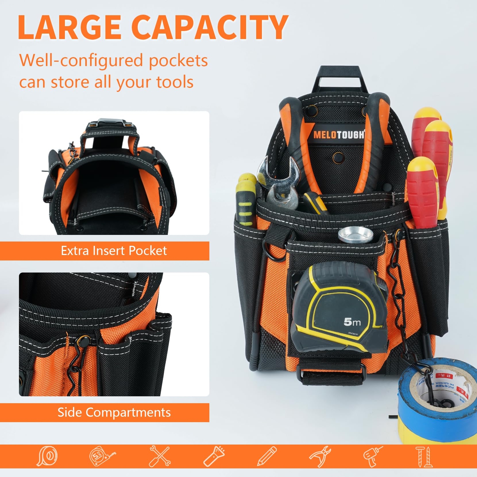 Small Electrician Tool Pouch Tool Belt Pouch with Belt Clip Attachment 9 Pock…