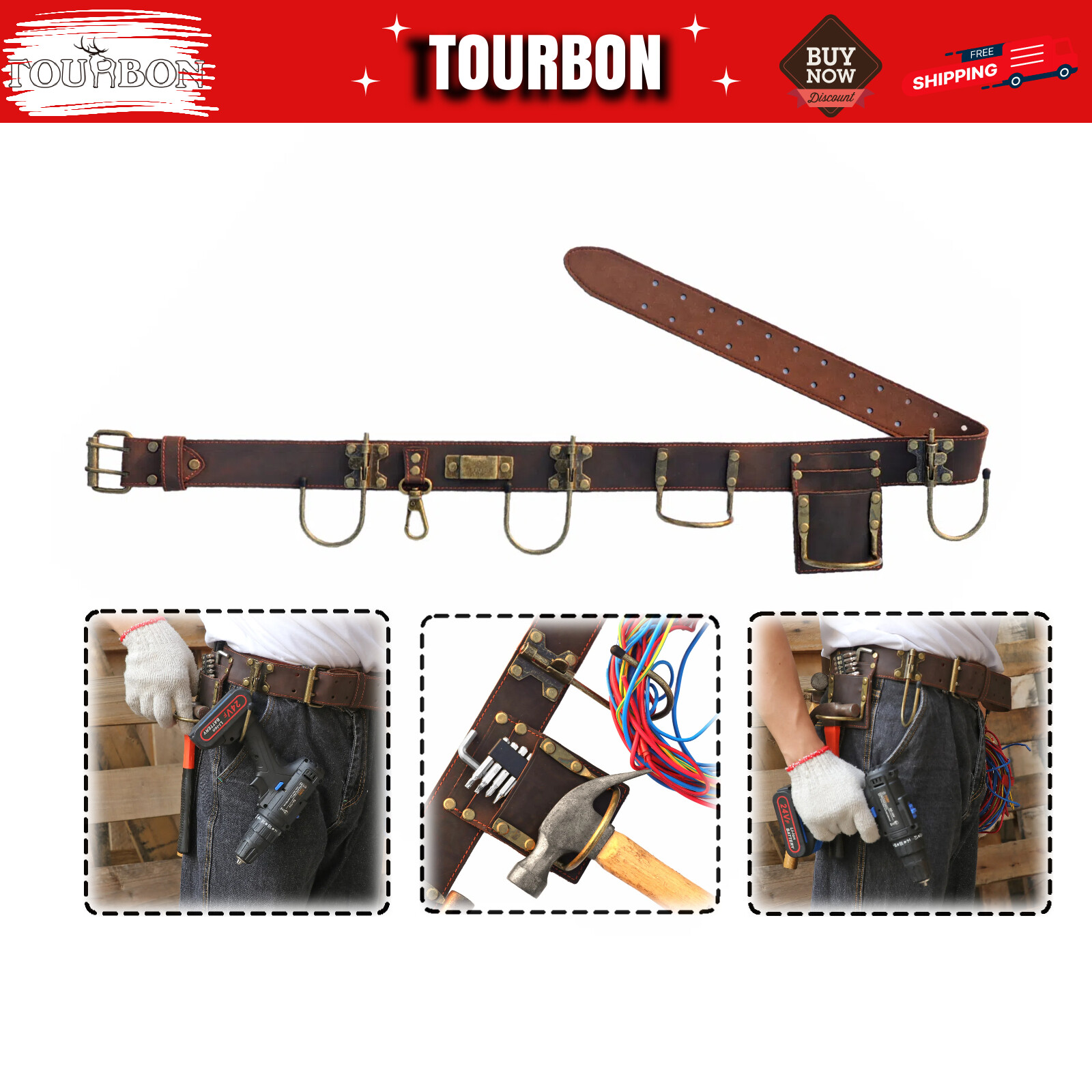 TOURBON 2inch Tools Belt Hammer Hooks Axe Holder Tape Measure Drill Holster Rig