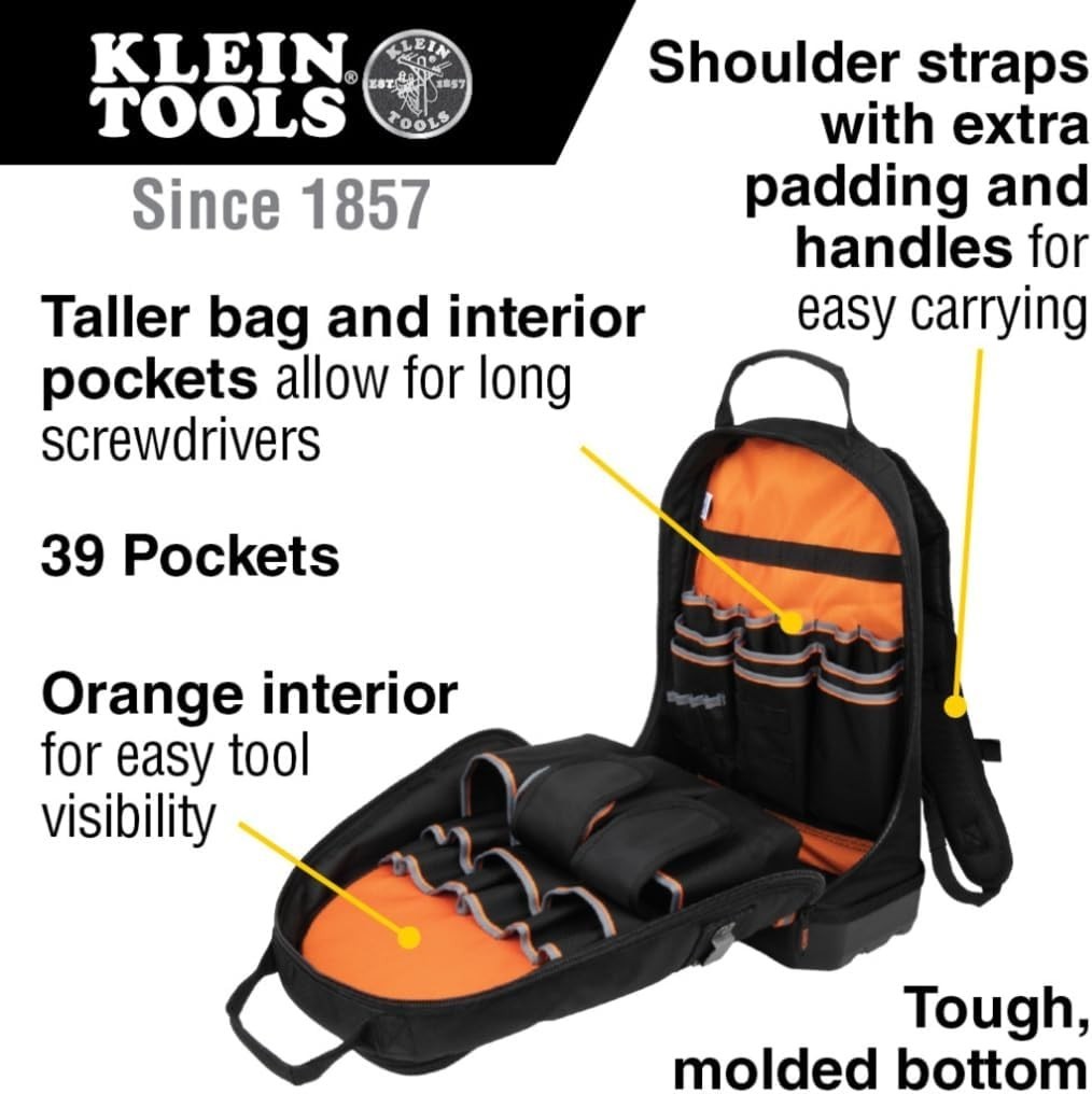 Klein Tools 55421BP-14 Heavy-Duty Tool Backpack with 39 Pockets & Molded Base
