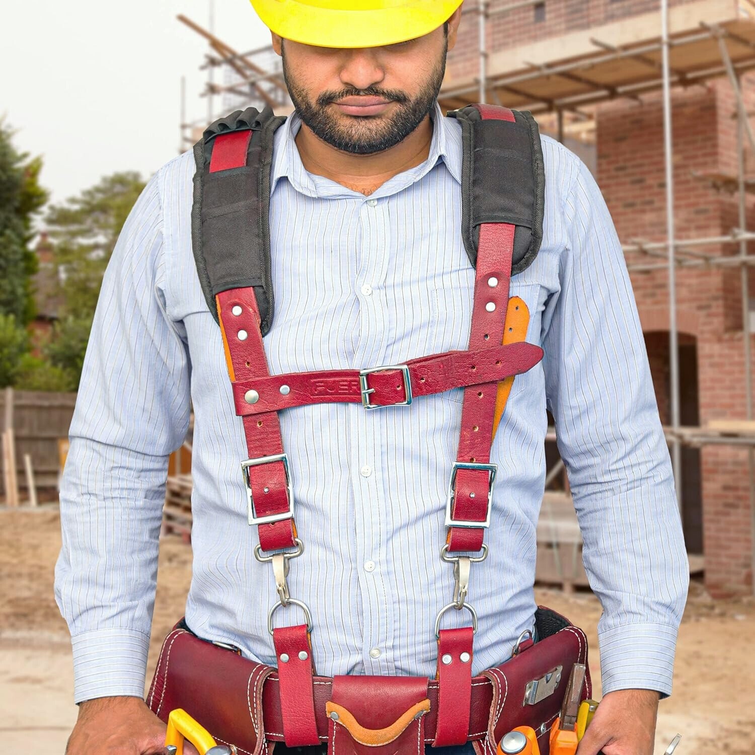 Leather Tool Belt with Suspenders carpenter 19 Pocket Padded Tool Pouch Work bag