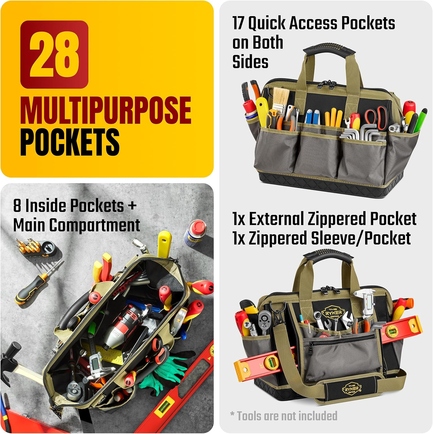 Ryker 16-Inch Heavy Duty Tool Bag with 28 Pockets – Portable Organizer