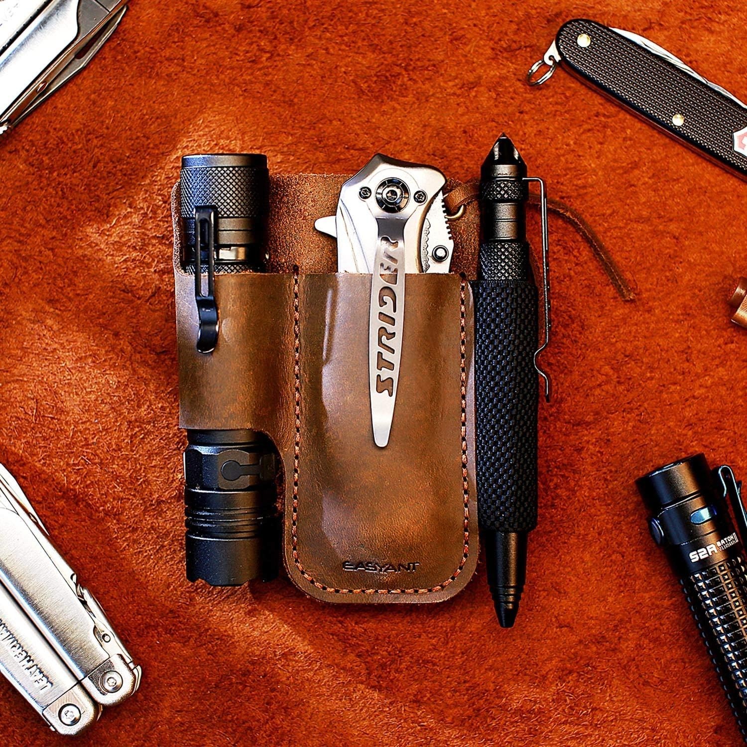Men Leather EDC Organizer Sheath Handmade Tactical Tool Pouch with Belt Clip