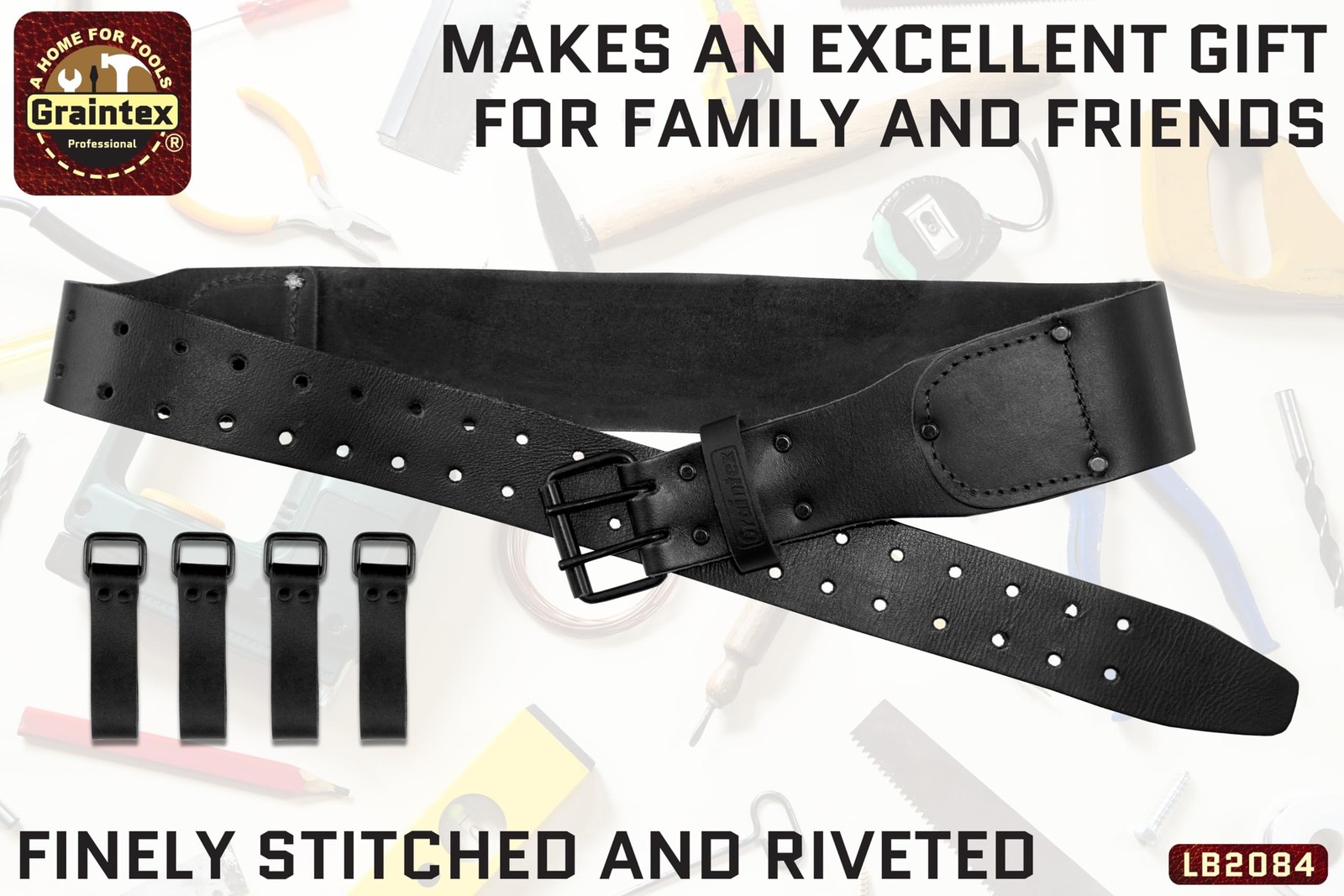 LB2084 2.3/4” Top Grain Leather Belt With 4 Suspender Hooks Black Color for F…
