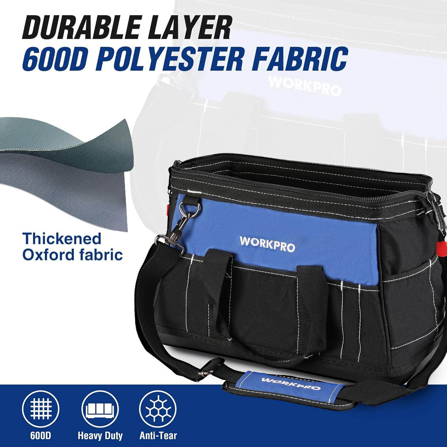 16-Inch Wide Mouth Tool Bag with Water Proof Molded Base | Heavy Duty Cloth Tool