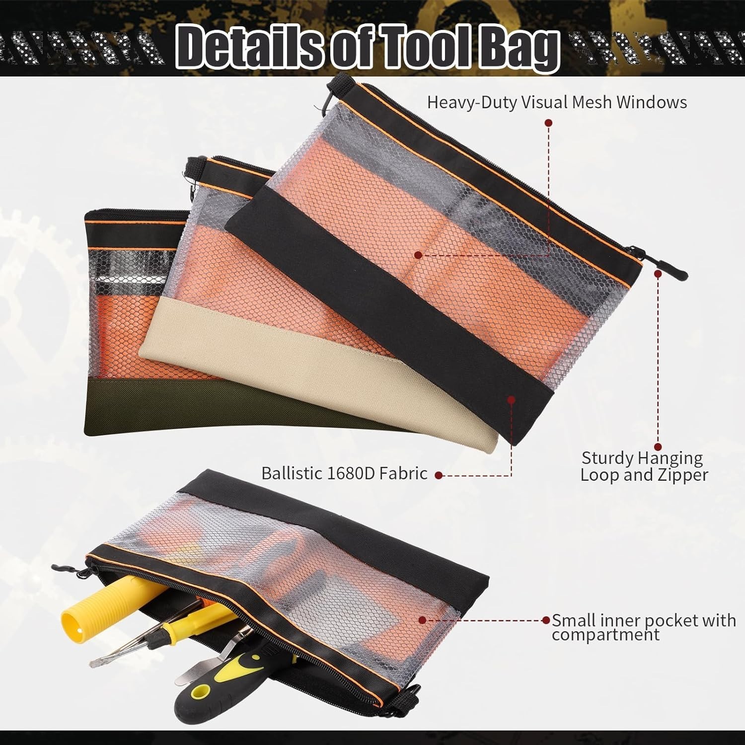 Clear Tool Pouch Bags Set of 6 Multicolor Heavy Duty Zipper Closure 11.8 Inches