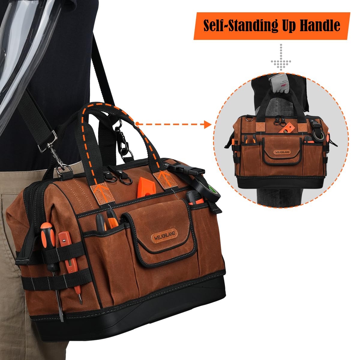 Welkinland 22-Pockets Hard Bottom Tool Bag 14-Inch Waxed Canvas Tools Bag 25L