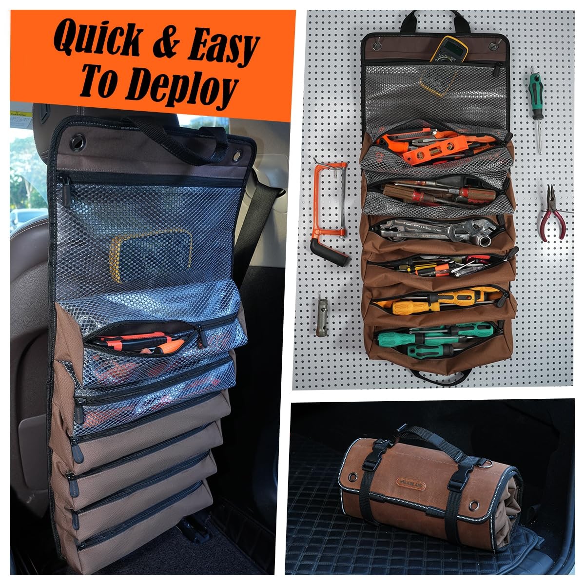 WELKINLAND Heavy-Duty Waxed Canvas Tool Roll, 7-Pockets Large, Brown