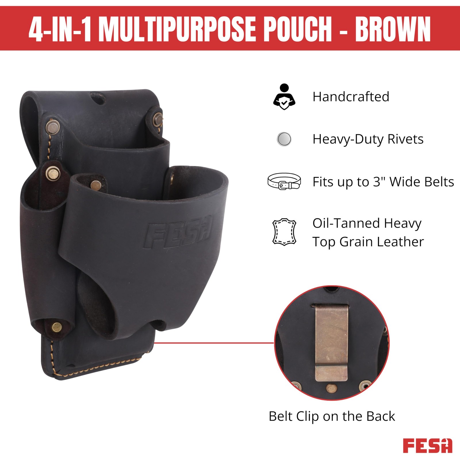 4-in-1 Leather Tape Measure Holder Heavy Top Grain Small Tool Pouch Brown