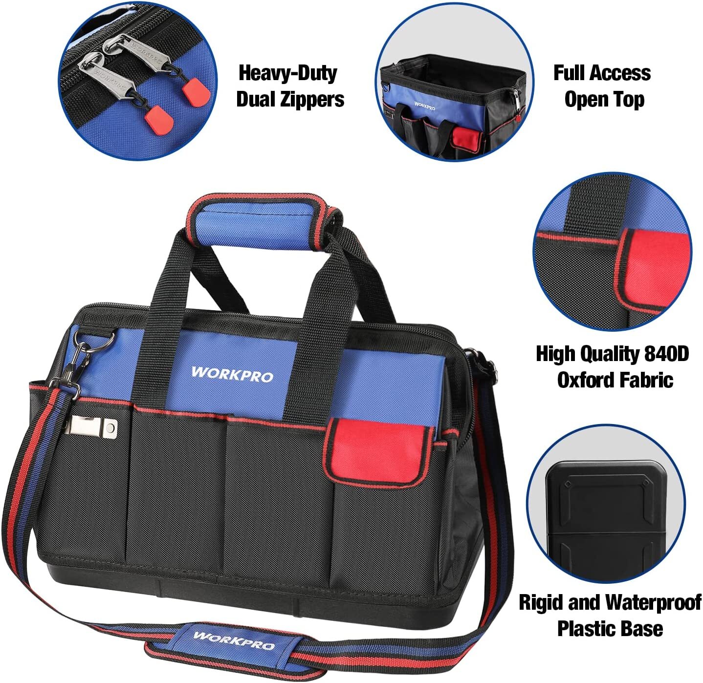 WORKPRO 18» Tool Bag Zipper Wide Mouth Open Top Tool Organizer Case Black/Blue