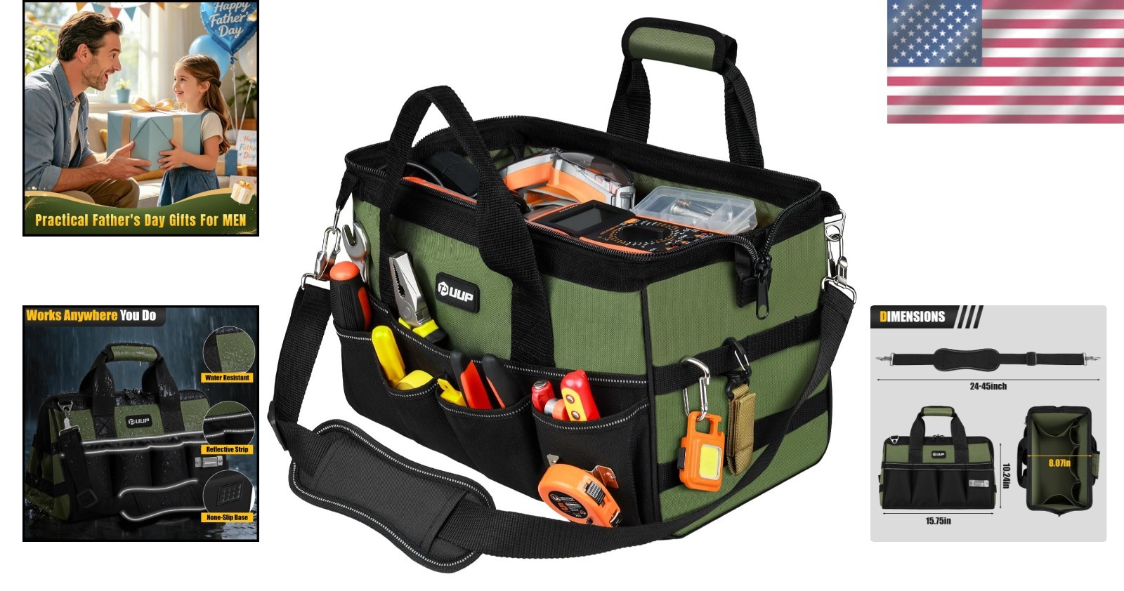 Heavy Duty 15-Inch Tool Bag – 16 Pocket Organizer with Water Resistance
