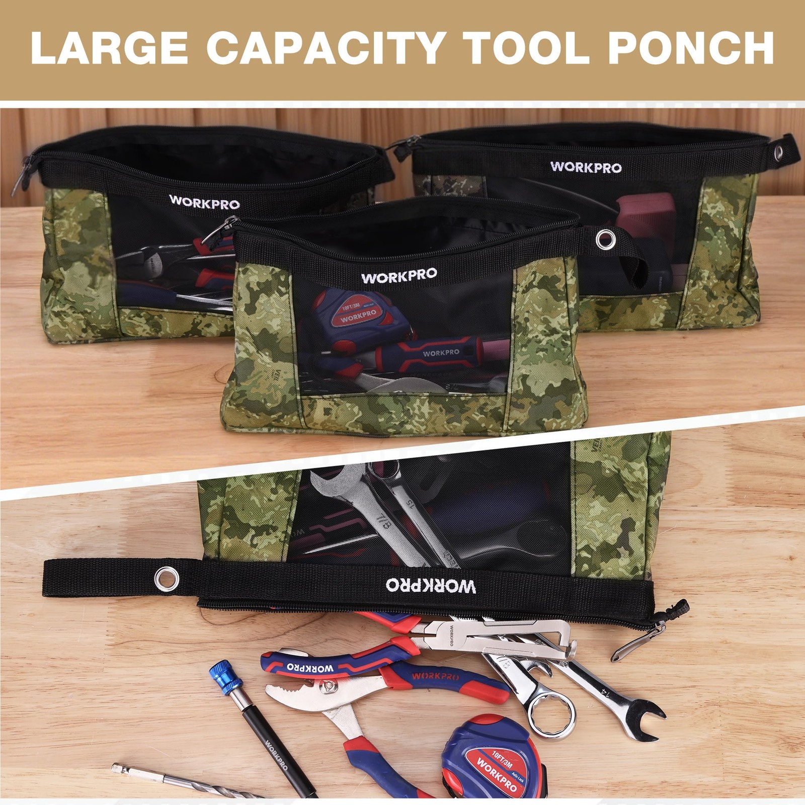 Tool Pouch Zipper Heavy Duty 600D Fabric 7×12 Inch Camo 3 Pack Organizer