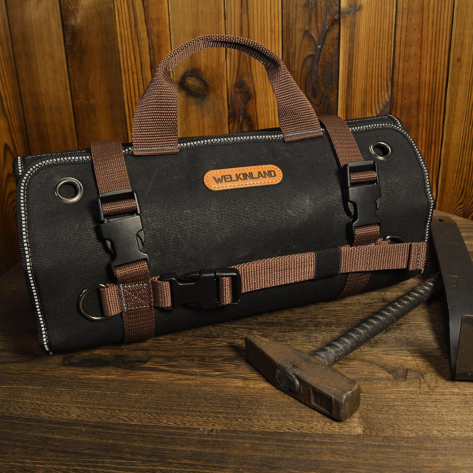 WELKINLAND Heavy-Duty Waxed Canvas Tool roll, 15-Pockets Black/Brown