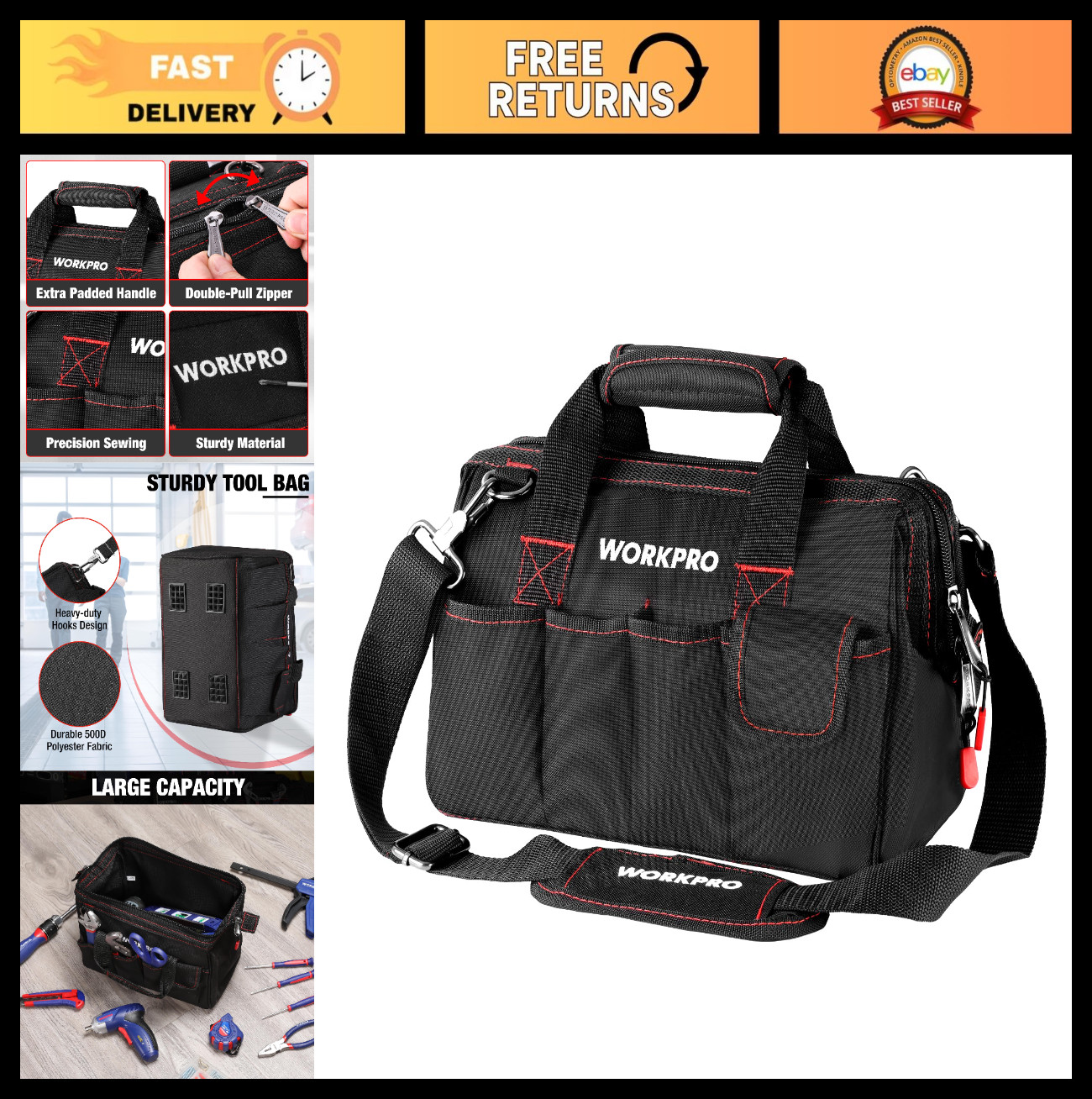12″ Wide Mouth Storage Tool Bag – Heavy Duty, Close Top, Organizer for Tools & A