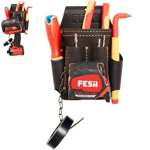 Small Leather Electrician Tool Pouch 7-in-1 with Tape Measure Clip & 5 Pockets