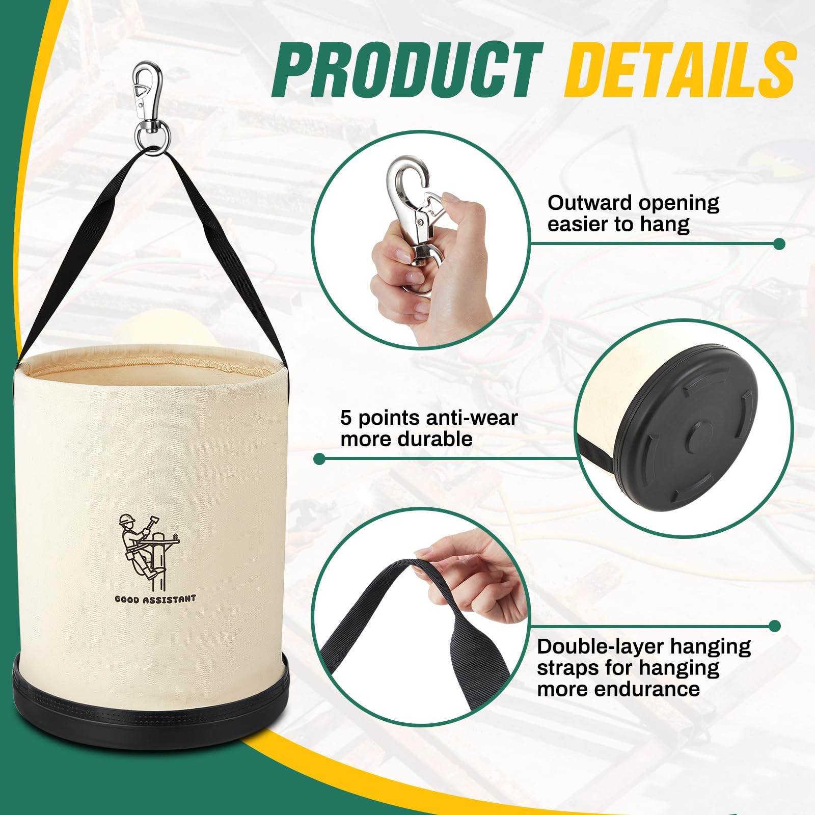 1 Pack 15″ x 12″ Canvas Tool Bucket Bag, Heavy Duty 150 Lbs Load Capacity, Tr…