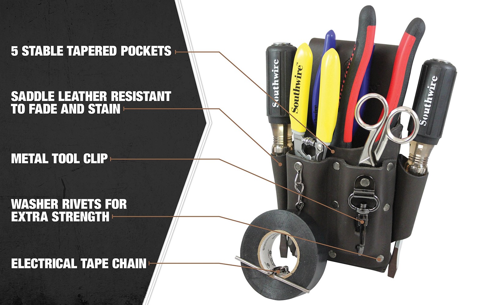Southwire POUCH4 Leather Tool Pouch; 5 Pocket Pouch with Electrical Tape Chain;