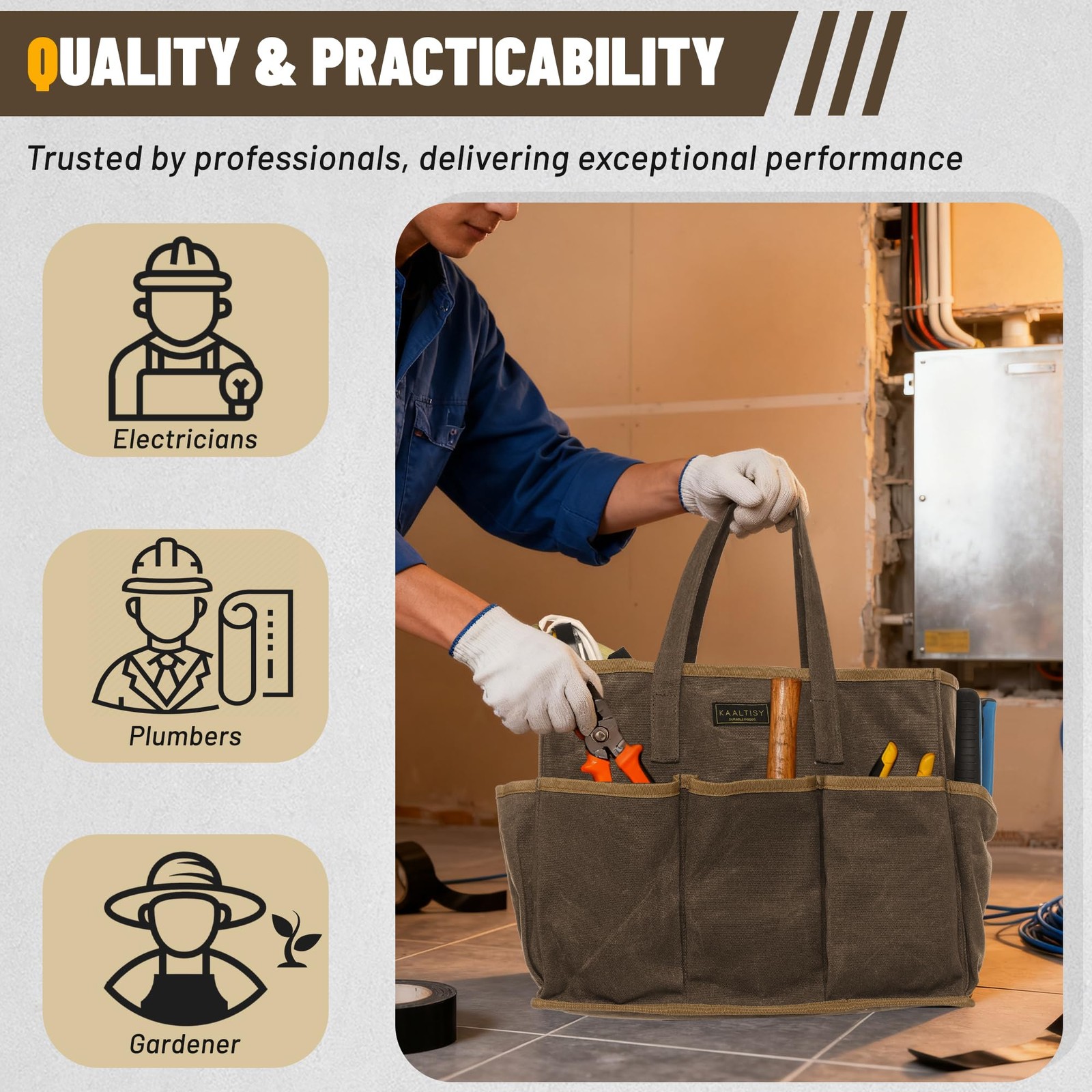 16OZ Waxed Canvas Tool Tote Bag for Garden Tools 14 x 5.5 x 10.5 inches, Grey