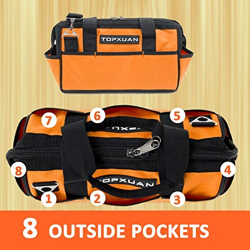 13″ Waterproof Orange Tool Bag with 18 Pockets – Wide Mouth Organizer