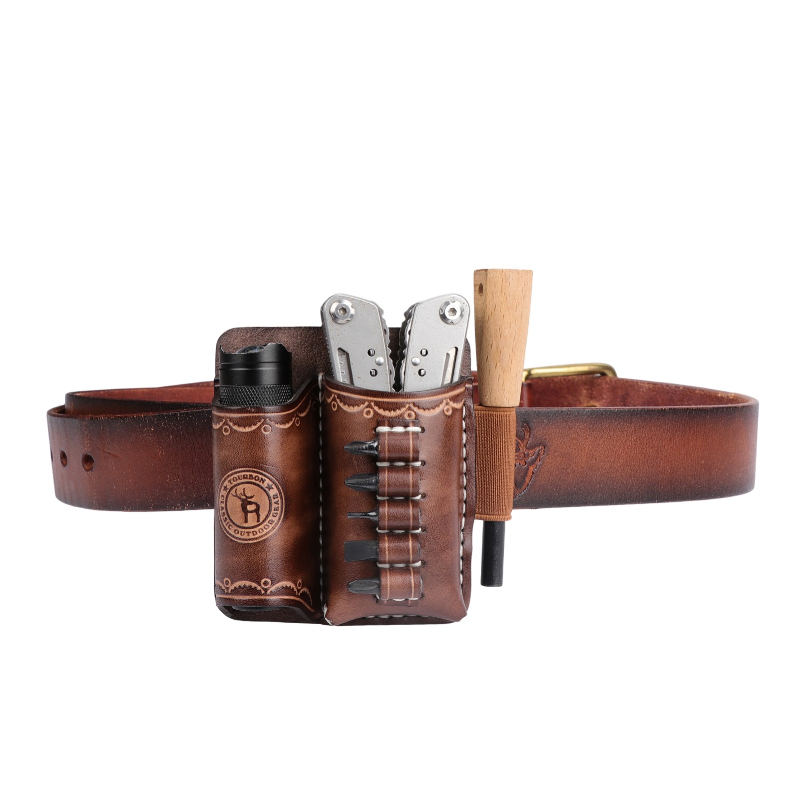 TOURBON Leather 4-in-1 Tools Belt Holder EDC/Flashlight/Bits Adapte
