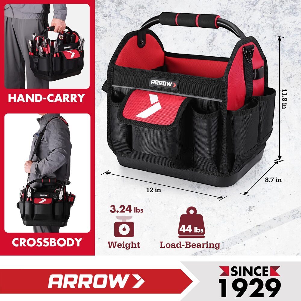 ARROW 12″ Tool Tote Hard Base Electrician Tool Bag Open Top Tool Bag w/19 Pocket
