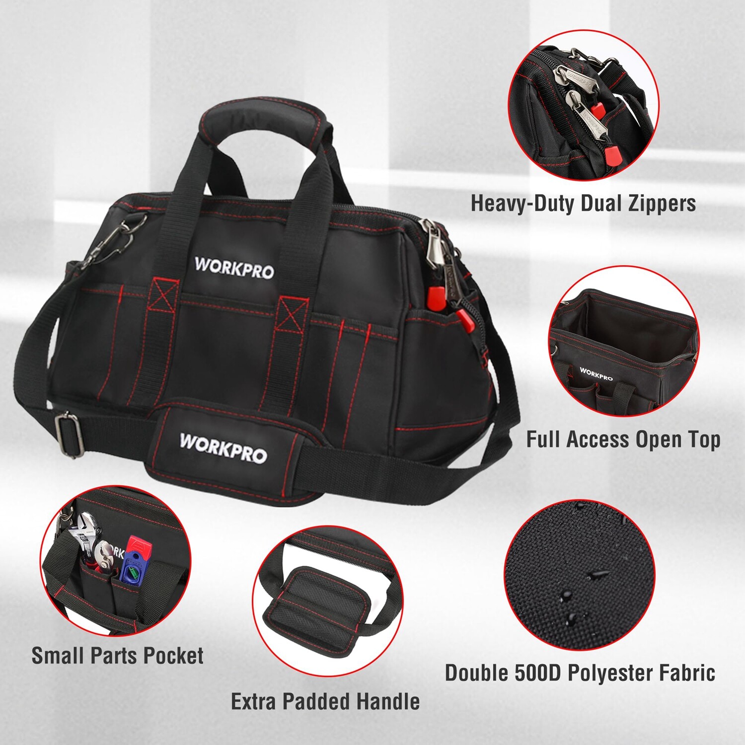 WORKPRO 16-inch Zipper Tool Bag Wide Mouth Heavy Duty Storage Carrying Work Tote