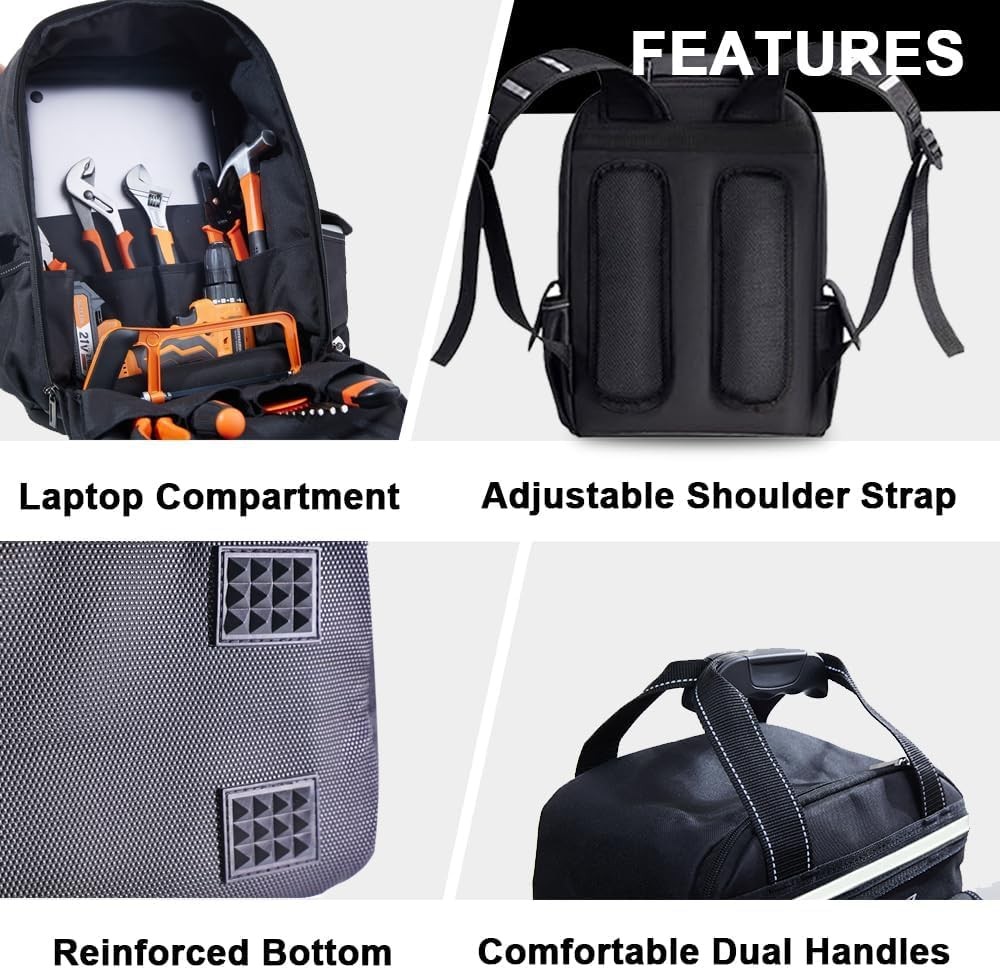 Tool Backpack Men 18 Inch Heavy Duty Waterproof Multiple Pockets Tool Bag