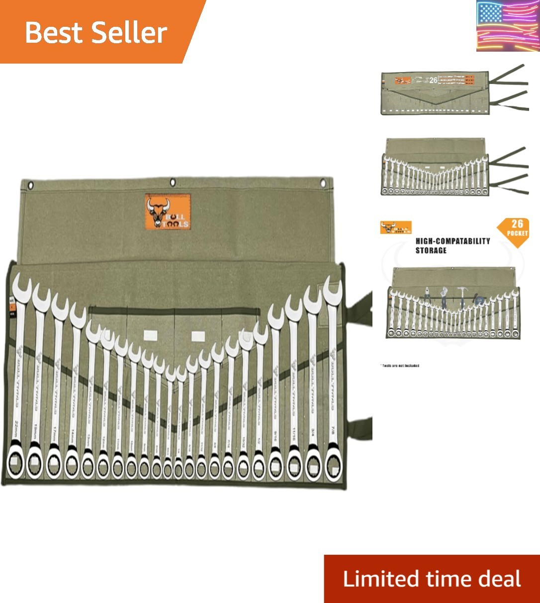 Tool Roll Organizer with 26 Pockets for Wrenches, Metric & SAE Durable Cotton…