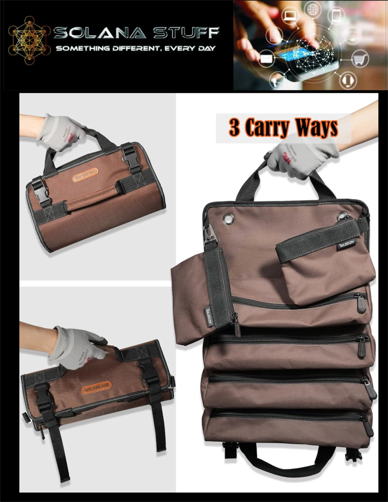 WELKINLAND 3In1-Pack Tool Roll, 6-Pocket Roll-Up Tool Organizer