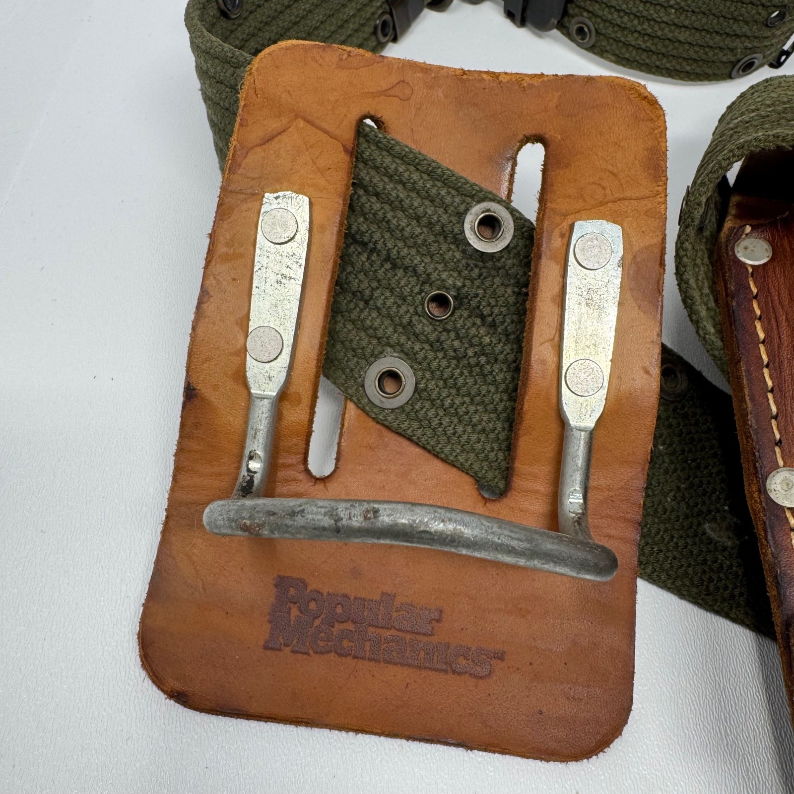 Popular Mechanics Vintage Leather Tool Belt Hammer Flashlight Holder Canvas Belt