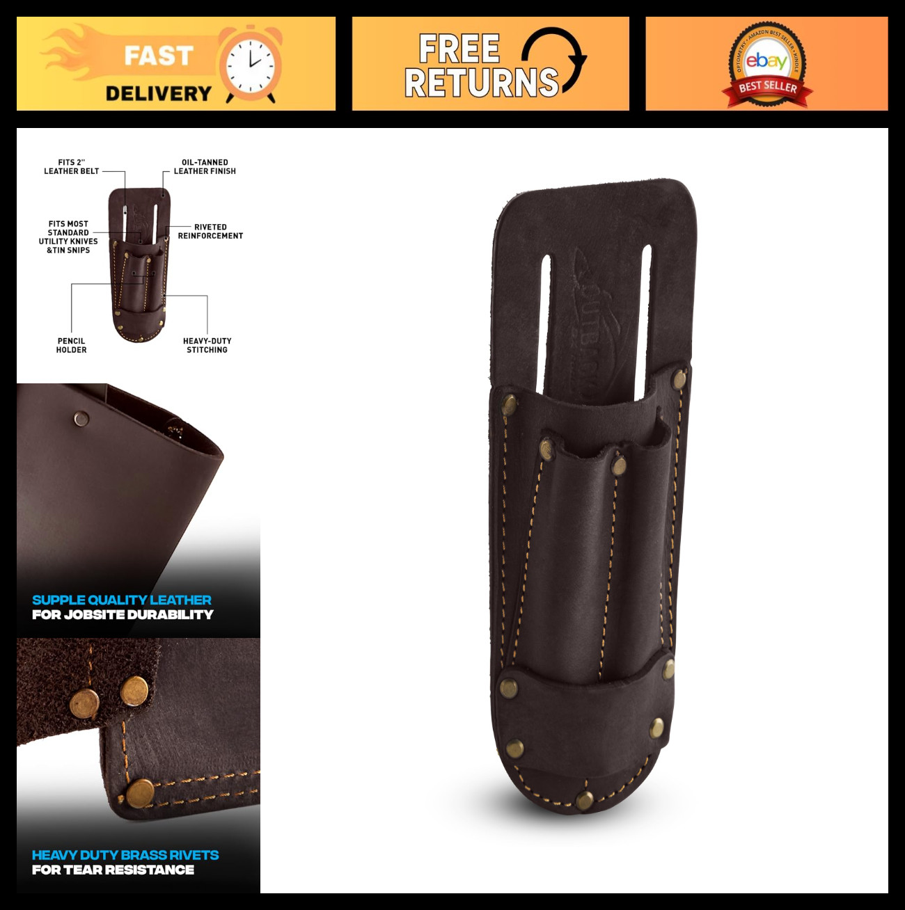 Heavy Duty Leather Utility Knife Pouch – Belt Sheath for Box Cutters & Snips, Fi