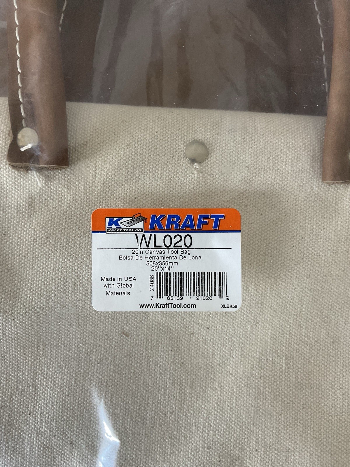 Kraft Tool Co 20 In. Heavy Duty Canvas Bag 20” X 14” New USA Made