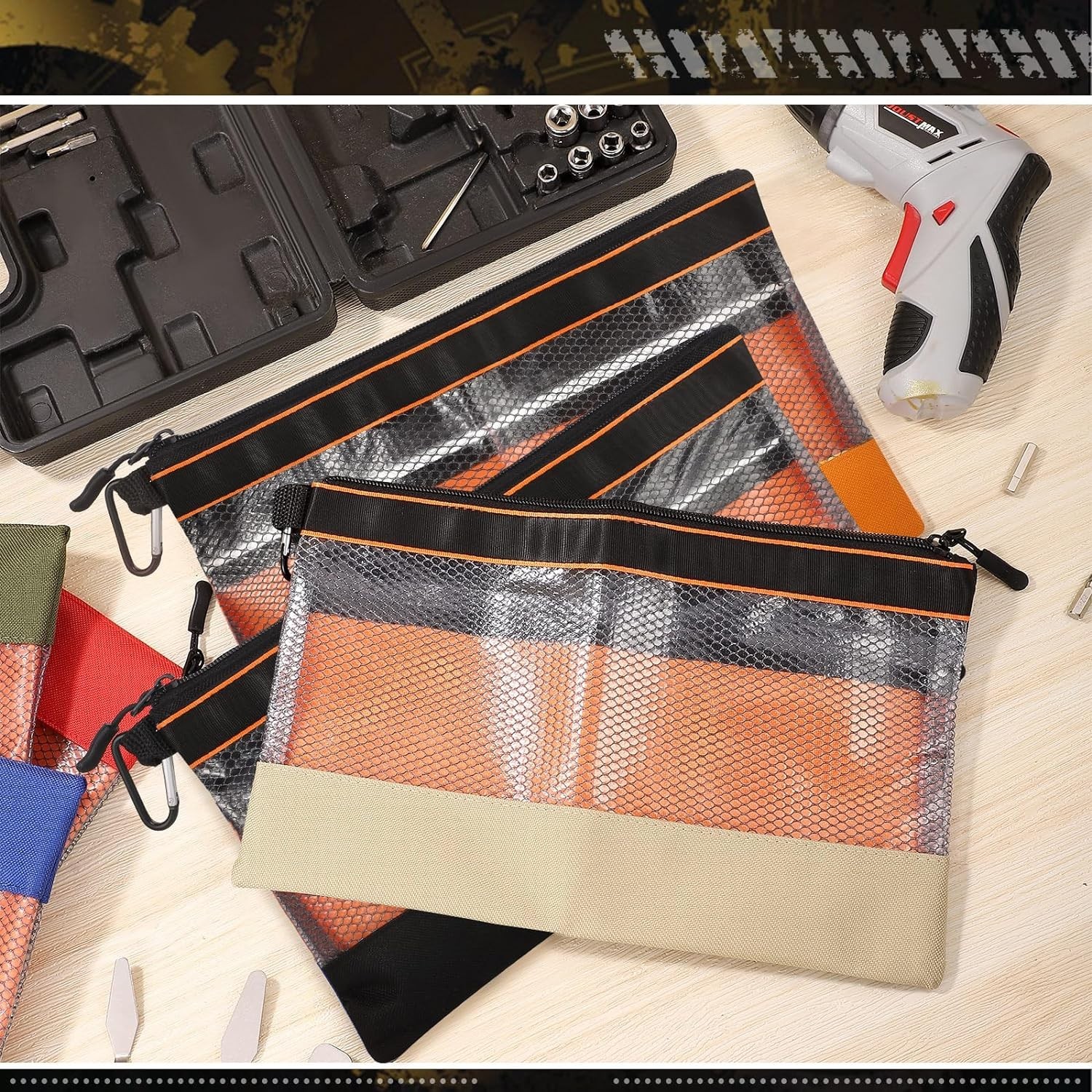 Clear Tool Pouch Bags Set of 6 Multicolor Heavy Duty Zipper Closure 11.8 Inches