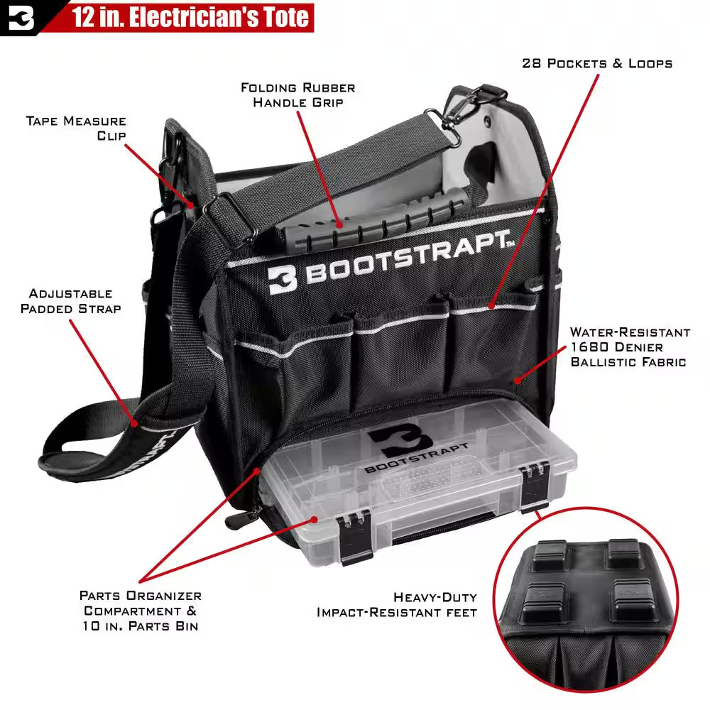 12 In. Electrician’S Tote Bag with Integrated Parts Bin Compartment