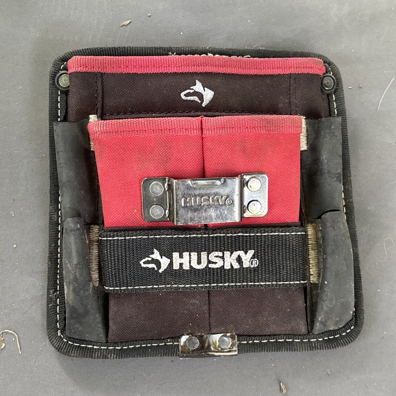 Husky 7 in. 3-Pocket Clip On Tool Belt Pouch Black/Red Fabric Multiple Pockets