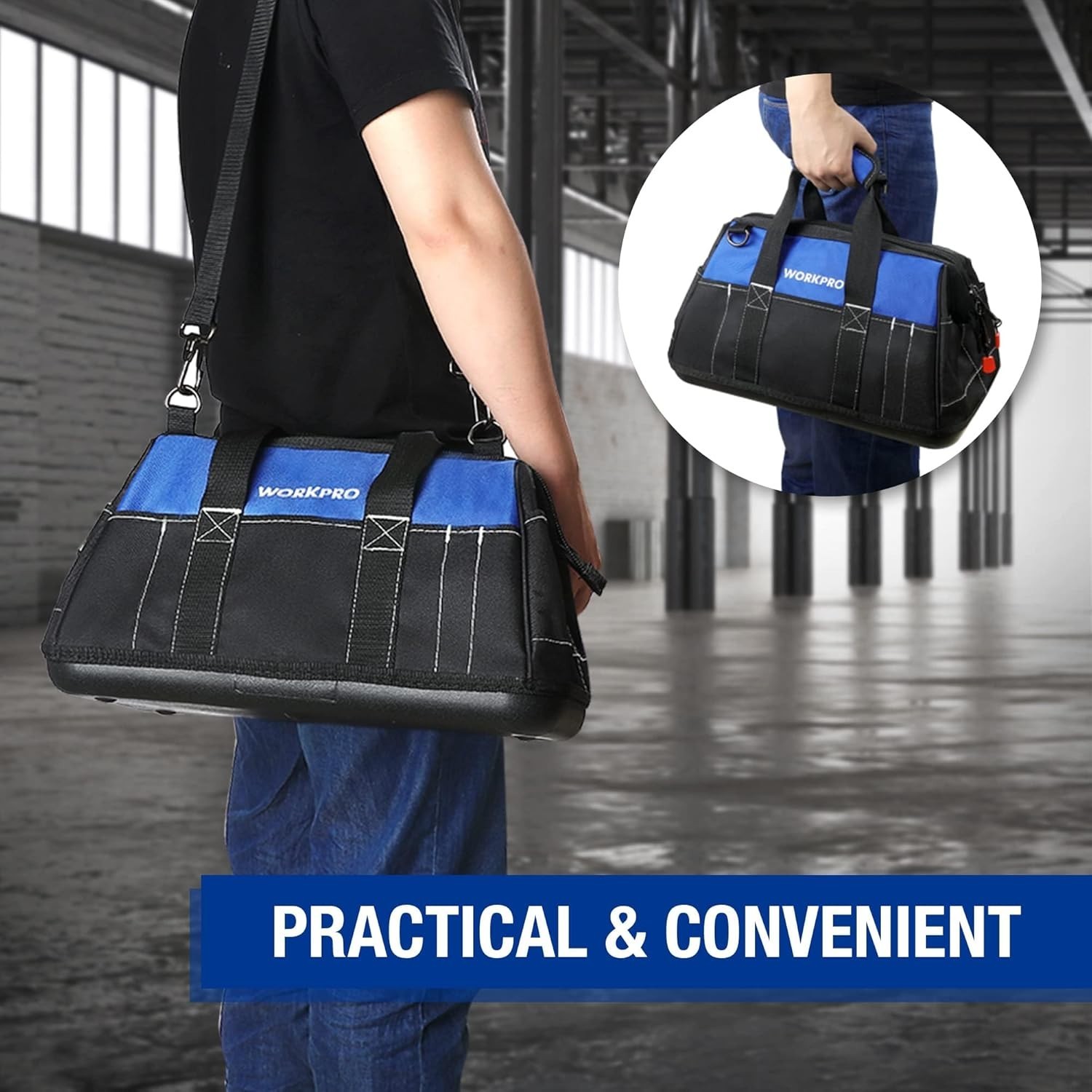 16-Inch Heavy-Duty Waterproof Tool Bag with Adjustable Strap for Easy Carrying