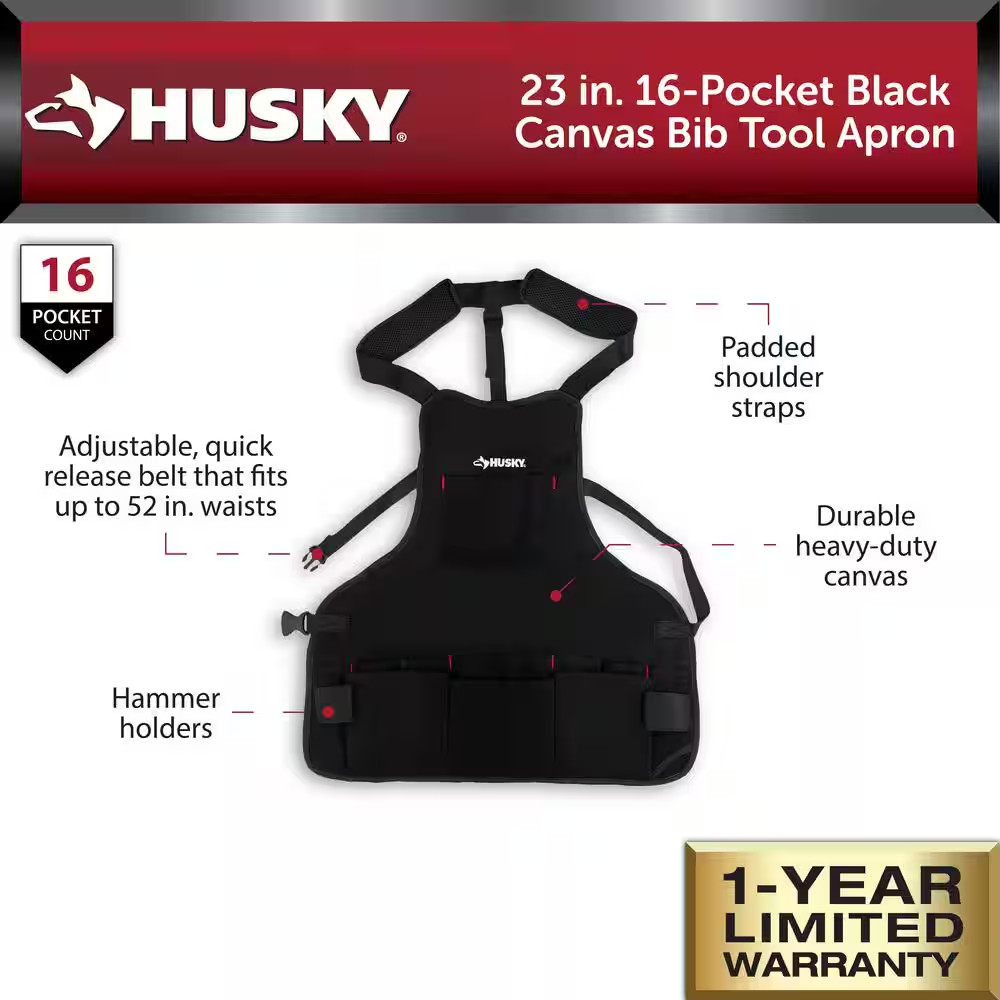 Husky 23 In. 16-Pocket Black Canvas Bib Tool Work Apron