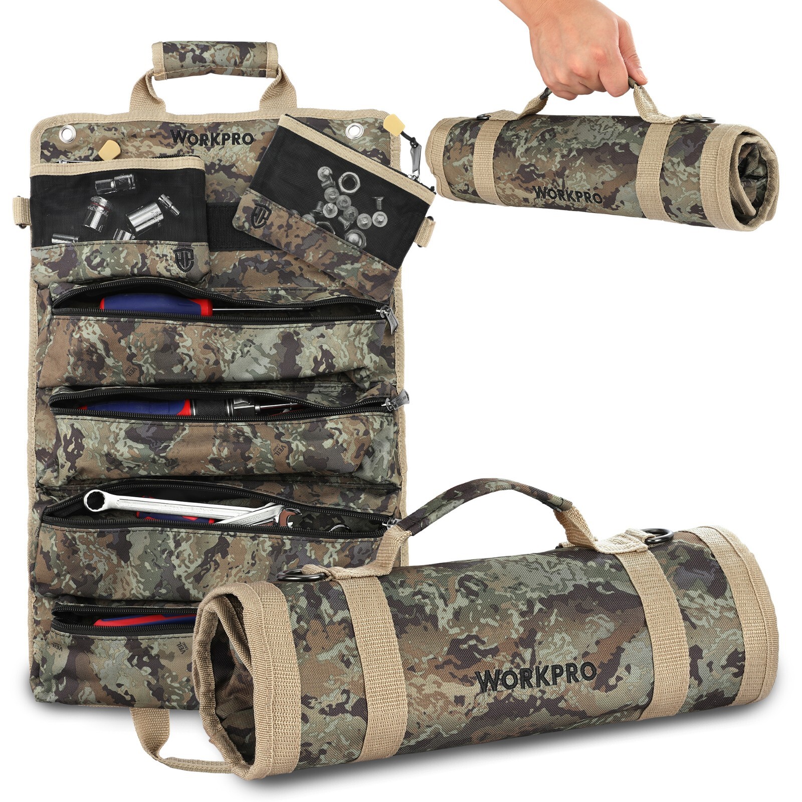 WORKPRO Roll Up Tool Bag Black/Camo with Detachable Tool Pouches with 6 Pockets