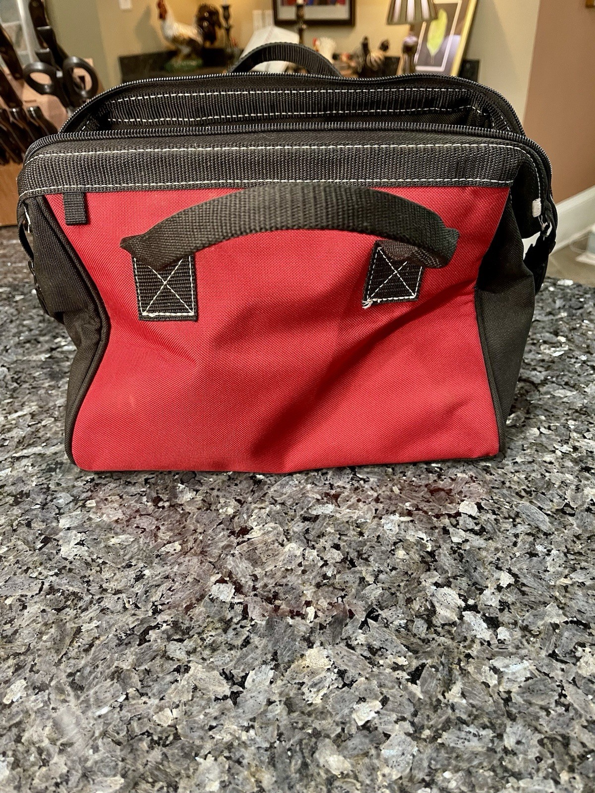 Husky 12-inch 3 Pocket Zippered Tool Bag Water-Resistant Canvas Black & Red