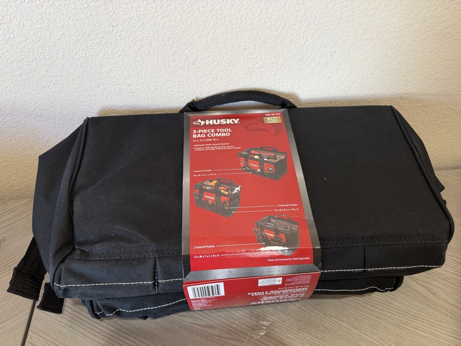 Husky 3 Tool Bag Combo Set -12 inch 15 Inch and 18 inch Bags Water Resistant