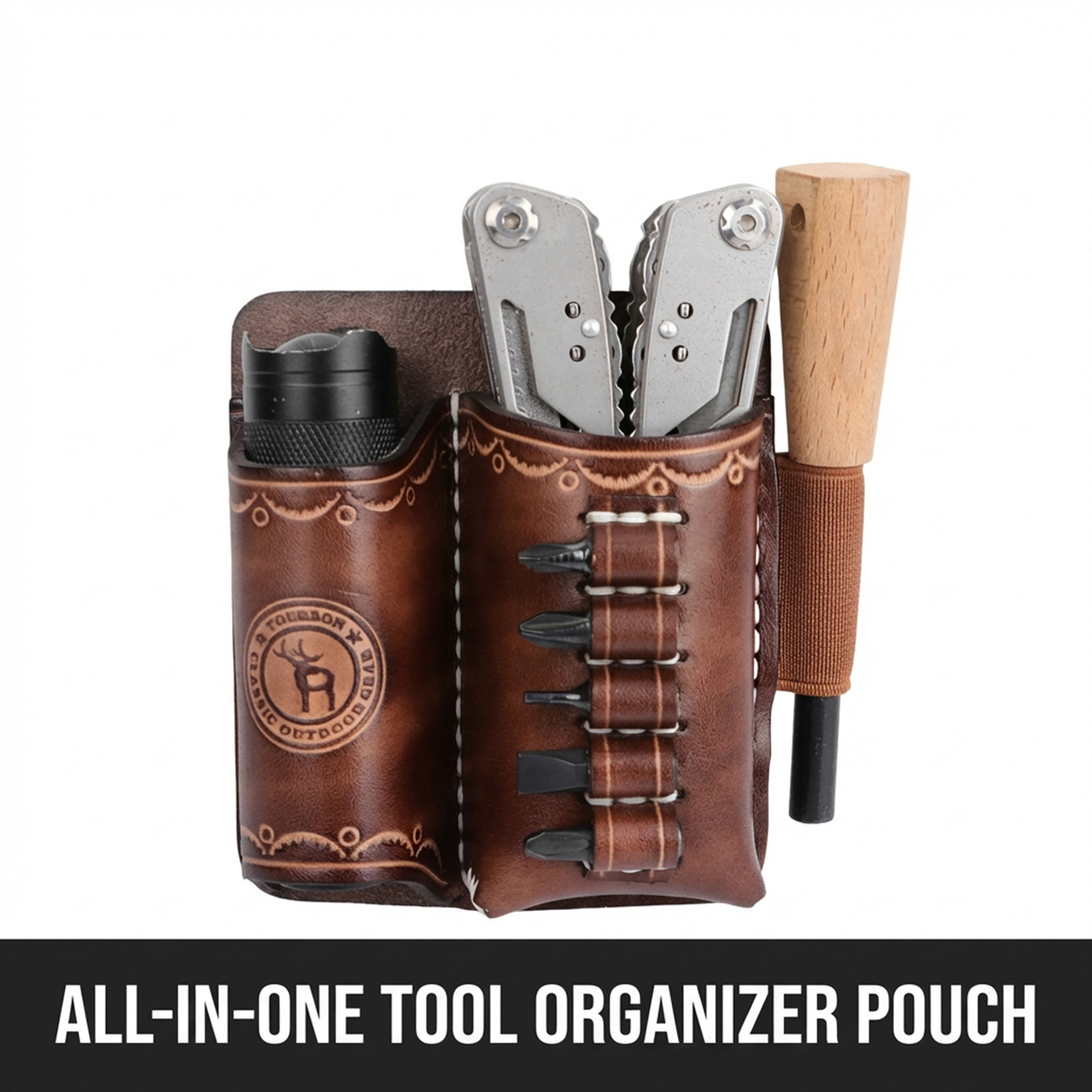 TOURBON Leather 4-in-1 Tools Belt Holder EDC/Flashlight/Bits Adapte
