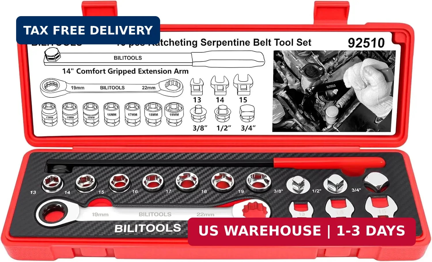 BILITOOLS 15-Piece Universal Serpentine Belt Tool Set, Ratcheting Serpentine Bel