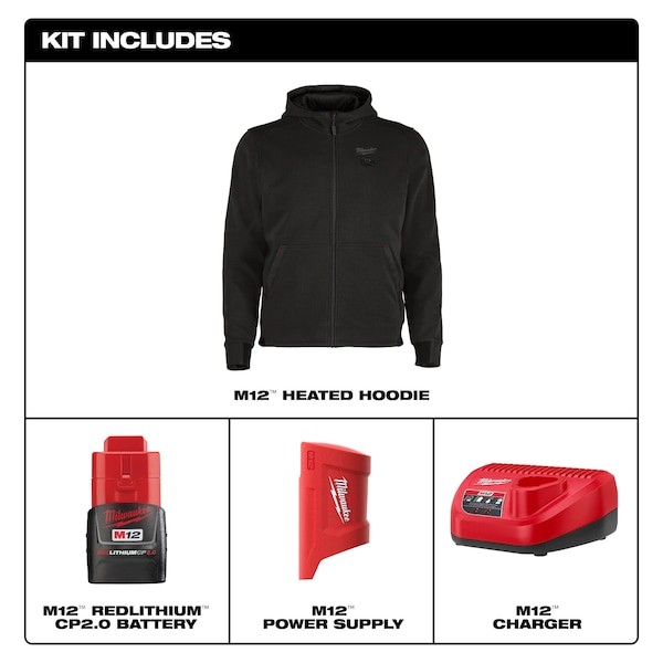 Milwaukee Tool M200b-21L Men’s Heated Hoodie, Up To 8 Hours Time, Zipper
