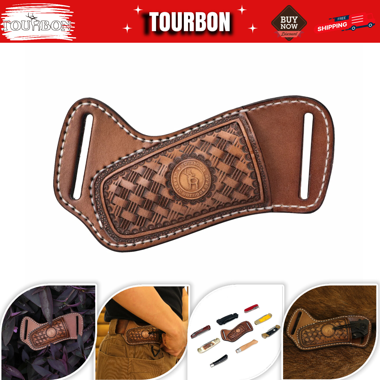 TOURBON Leather Folding Knife Sheath Belt Carry Pouch Tool Pocket Knives Holster