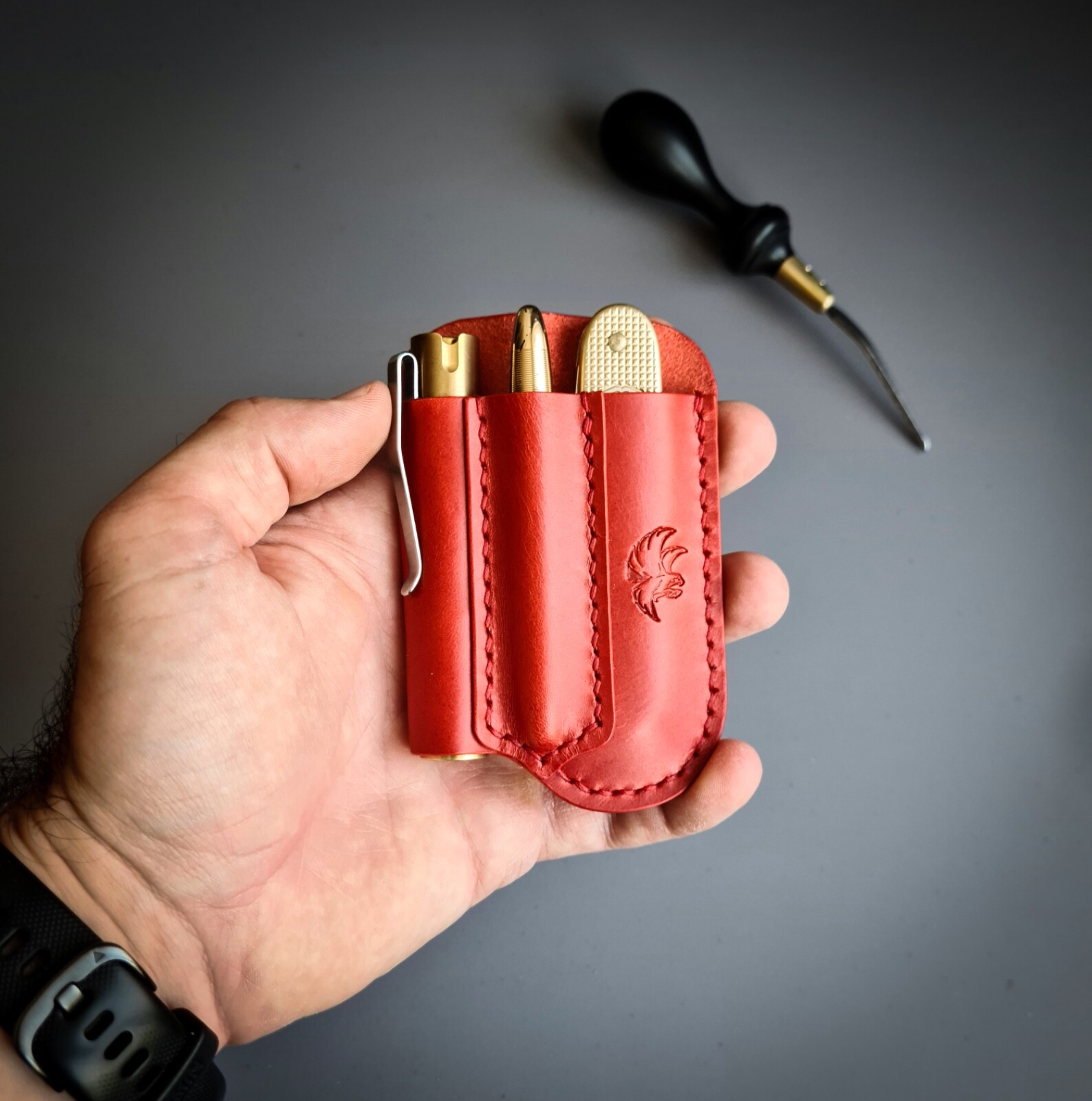 Handmade Leather Edc Pocket Organizer, Flashlight, Pen and Knife Leather Sheath