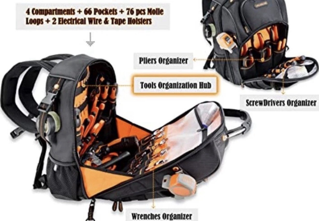 Tool Bag, Heavy-Duty Jobsite back pack for electricians Welkinland Ballistic